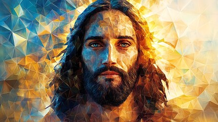 Abstract polygonal vector of Jesus, composed of repeating triangle tessellations symbolizing the Holy Trinity, golden symmetrical light radiating behind,