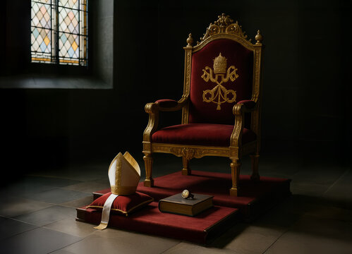 Vacant papal throne symbolizing interregnum after death of Pope. Unoccupied papal throne with mitre, ring, and gospel book.