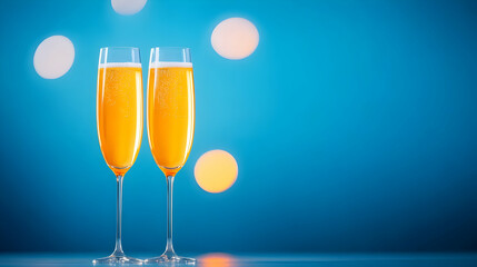 A celebratory toast with two glasses of sparkling champagne against a vibrant blue backdrop with soft bokeh lights.