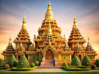 Fototapeta premium Stunning Wat Yansangwararam Temple in Thailand: Golden Pagoda and intricate details, serene landscape.