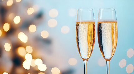 A toast to celebration, two champagne flutes filled to the brim, sparkling against a softly blurred background of warm, festive lights.
