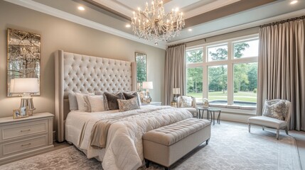 Fototapeta premium A luxurious bedroom with a plush king-size bed, silky linens, and a stylish chandelier hanging above, complemented by a chic sitting area and elegant furnishings.