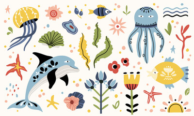 Folk hygge ocean clip arts, hand drawn vector set in Scandinavian Nordic style, isolated on white. Collection of classic ethnic elements. The scandi folk motifs - fishes, flowers, and sea animals