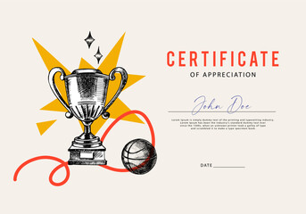 Fototapeta premium Certificate with sport trophy and game ball hand drawn in vintage sketch style. Celebration of athletic victory, motivation, and team spirit. Vector illustration.