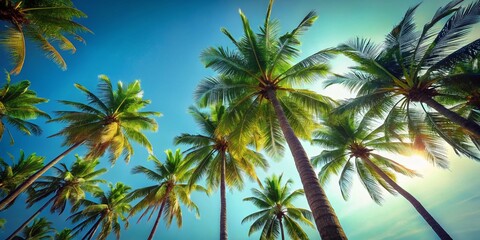 Stunning Low Angle View of Tropical Coconut Palm Trees Against a Vivid Blue Sky - Perfect for Copy Space