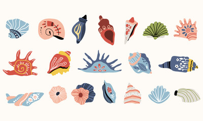 Folk hygge seashells clip arts, hand drawn vector set in Scandinavian Nordic style, isolated on white. Collection of classic ethnic elements. The scandi folk motifs