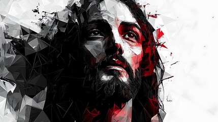 Polygonal vector portrait of Jesus, stylized with crystalline fragments, bold contrast in black, white, and crimson, abstract sharp design, geometric symmetry with centered focus,