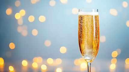 A celebratory champagne flute filled to the brim, sparkling with festive joy against a soft, dreamy backdrop of warm, golden bokeh lights.