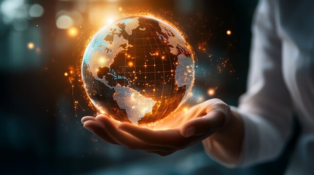 Holding a Glowing Digital Globe Connecting the World in Human Hands