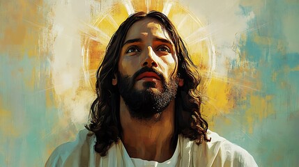 Stylized vector portrait of Jesus Christ with radiant symmetrical beams extending in all directions, halo in layered geometric circles, soft tones of pastel yellow and light teal in background,