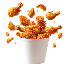 Delicious crispy fried chicken bucket wings legs tenders food photography isolated black background studio shot on transparent background