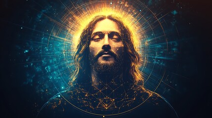 A divine vector interpretation of Jesus Christ using golden ratios, sacred geometry elements like tetrahedrons and hexagons, radiant golden lines over midnight blue background,