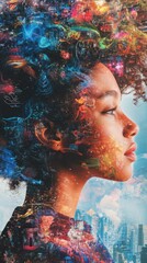 Portrait of a woman with vibrant, colorful hair blending with a cityscape in the background