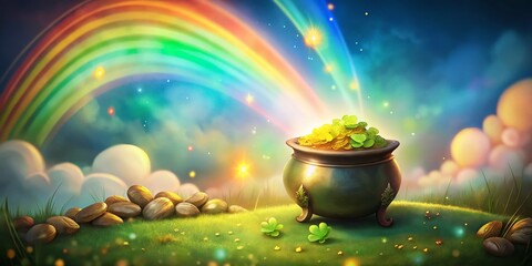 St. Patrick's Day: Leprechaun's Gold, Rainbow & Banner with Bokeh - Copy Space