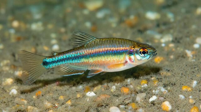 Beautiful rainbowfish swims in natural habitat with rocky substrate underwater closeup, Melanotaenia freshwater fish.