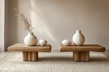 living room with wooden furniture, A minimalist setting and white vases, set against an abstract beige wall with a textured pattern