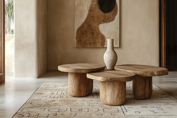 wooden chair in the room ，A minimalist setting and white vases, set against an abstract beige wall with a textured pattern