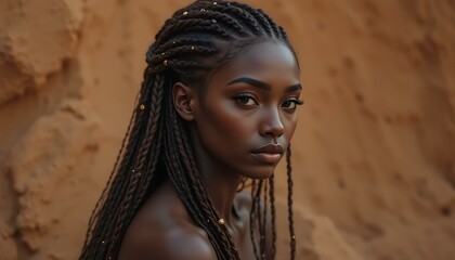 Stunning Black Woman with Braids and Gold Accents - African Beauty Portrait