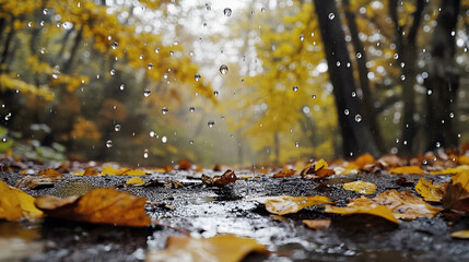 Fototapeta premium Raindrops Falling on Spider Web with Autumn Leaves in Background – Crystal-Clear Droplet Refractions and Shallow Depth of Field
