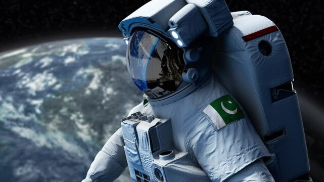 Pakistan Astronaut with arm patch flag floating through space. Space program. Spaceman. Earth in background. The country showing national pride. 