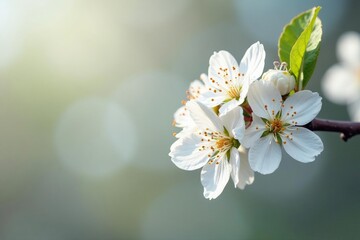 Obraz premium Delicate white blossoms on a branch, pure elegance , white background, bloom, aesthetic