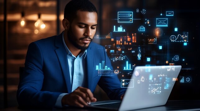 Man Analyzing Data on Laptop with Digital Graphs and Charts Overlay