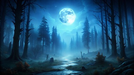 Fototapeta premium Spooky Foggy Forest Night: Full Moon Halloween Backdrop - Cold Blue Tones