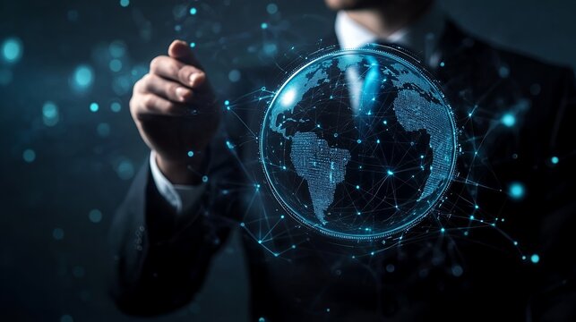 Man Interacting with Digital Globe Displaying Global Network Connections