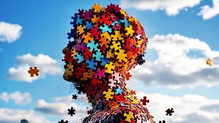 Colorful Silhouette of Human Head Made of Puzzle Pieces Against Bright Sky with Clouds, Symbolizing Creativity, Imagination, and Complexity in Vibrant Colors.