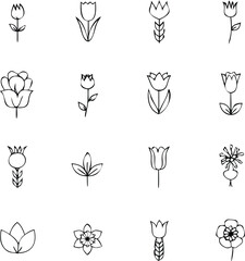 Floral Line Icon Set | Tulip, Bouquet, Botanical Elements & Nature Vector Pack