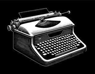 Vintage typewriter on black background in woodcut style in black and white for classic writing.