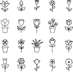 Floral Line Icon Set | Tulip, Bouquet, Botanical Elements & Nature Vector Pack