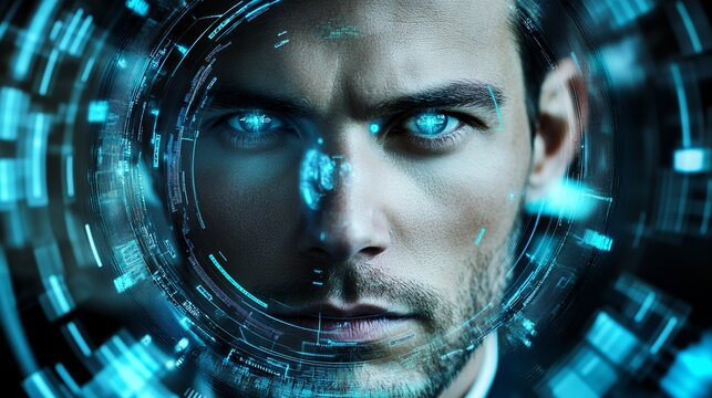 Man in Digital Interface with Glowing Eyes Represents Technology and Innovation - Powered by Adobe