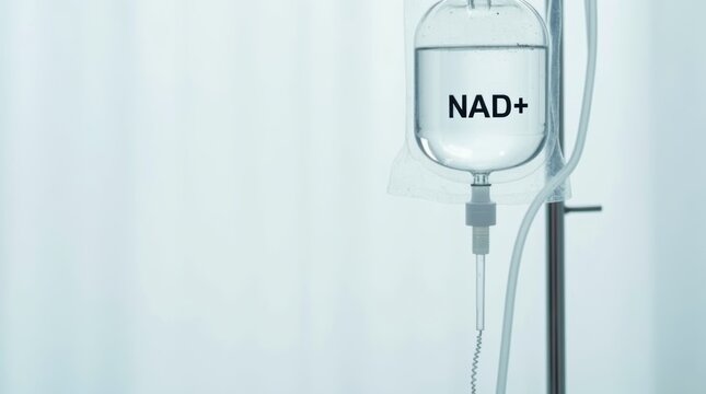 Close-up of NAD+ IV drip bag hanging against white background in medical setting