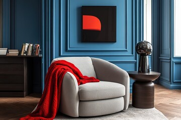 classic living room，The chair has armrests made from luxurious leather fabric, brass legs, and an octagonal wood side table, with warm tones, traditional elements, and soft lighting.