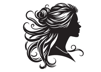 woman hairstyle logo silhouette vector illustration, hair salon logo icon vector silhouette, beauty long hair woman logo silhouette, beauty woman long hair silhouette on white background