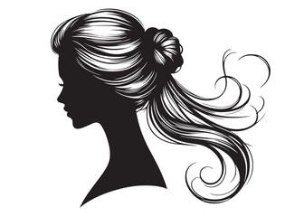 woman hairstyle logo silhouette vector illustration, hair salon logo icon vector silhouette, beauty long hair woman logo silhouette, beauty woman long hair silhouette on white background