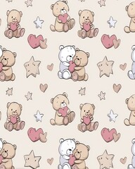 Obraz premium Adorable teddy bear pattern with hearts and stars. A sweet design for children's decor and gifts. Expressing love and warmth with cuddly charm.