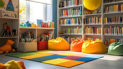 Cozy library corner in a school with books and beanbags