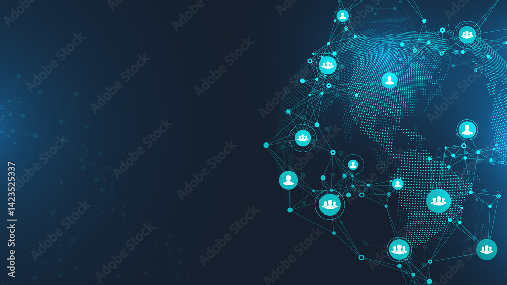 Aufkleber Global network connection banner design template. Header social network communication in the global business concept. Big data visualization. Internet technology