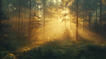 Fototapeta premium Sunbeams pierce misty forest sunrise, nature background