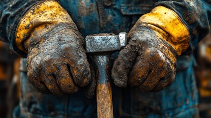 Muddy Hands Gripping a Hammer: A Close-Up of Hard Work and Dedication