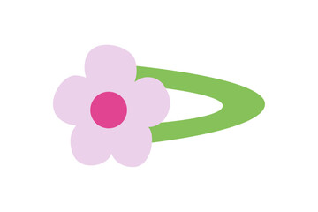 A green girly hair clip with a pink flower 2000s icon. Kawaii design element for y2k aesthetics, stickers, fashion-themed projects, feminine accessories.