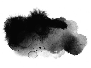 Abstract ink background, grunge art. Black paint stroke texture on white paper in marble style. Wallpaper for web design and games. Hand drawn watercolor isolated illustration.