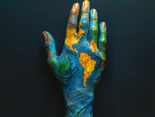 A painted hand featuring a map of South America, symbolizing global unity and the spirit of labor on Labor Day.