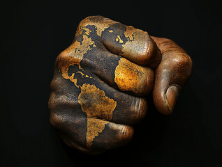 A clenched fist with a map of South America painted on it, symbolizing strength, unity, and the spirit of workers on Labor Day.