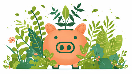 Flat Style Illustration of Piggy Bank with Sprouting Leaves &ndash; Clean and Bright Finance Concept