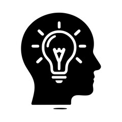 Black icon silhouette of a head with a glowing light bulb 