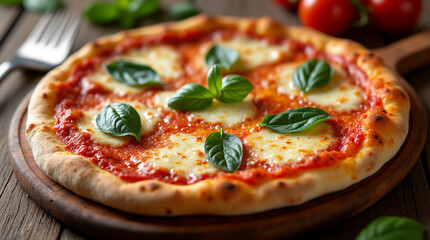 Delicious pizza margherita with melted mozzarella cheese. Italian cuisine. Food background. Freshly baked, served on a wooden board.