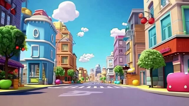 Vibrant 3D animation of a colorful city street, captured from a low-angle perspective, ideal for a playful video game setting. Live desktop wallpaper.